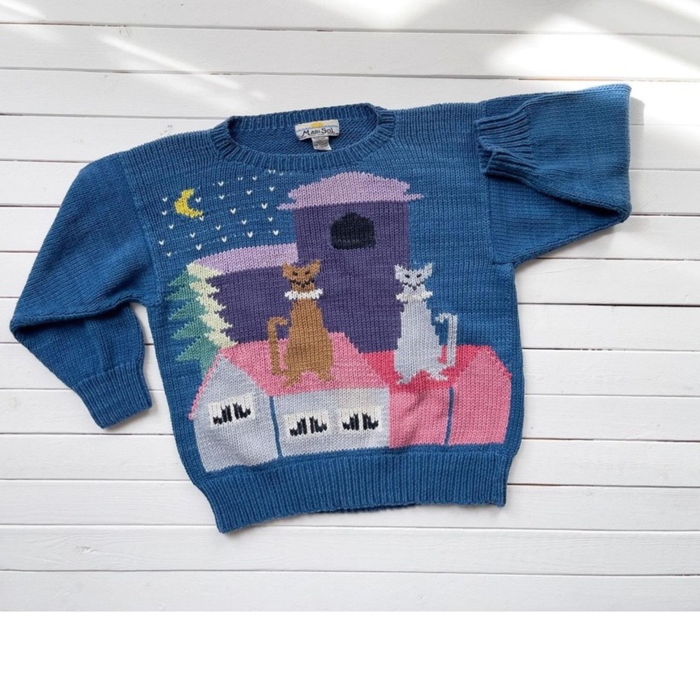 Blue Sweater with Cat Design